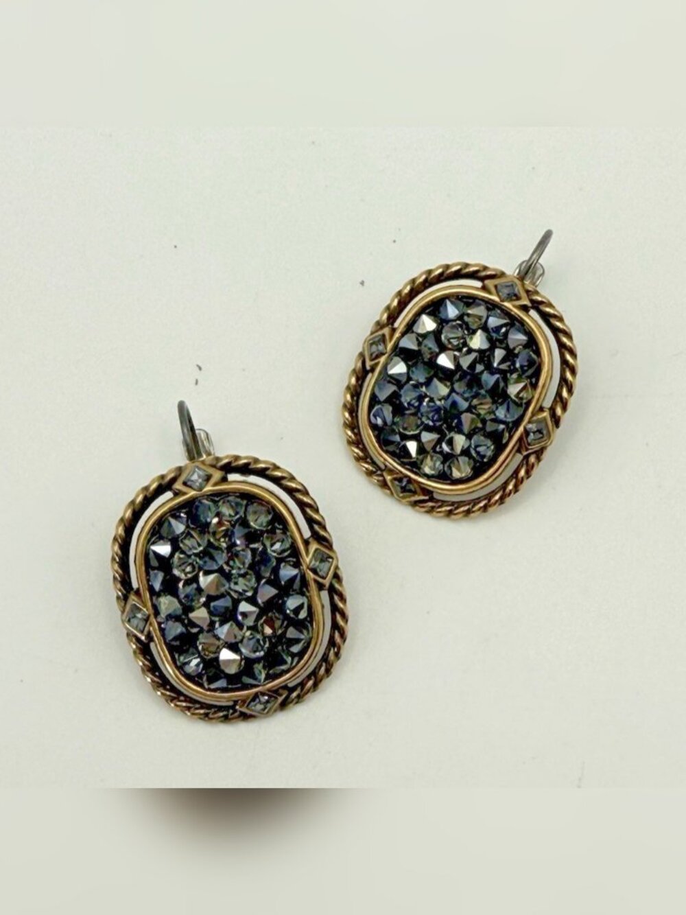 Brighton Black Crystal Clip On Earrings Gold Tone Rope Border Vintage Style